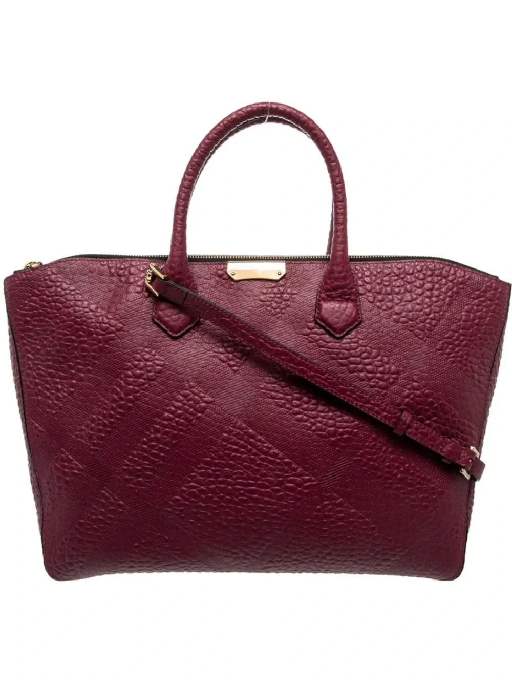 Burberry London Grainy Leather Check Medium Dewsbury Tote Bag Dark Plum NWOT